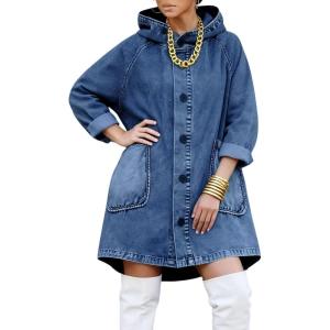image:imageCHOUYATOU Women Spring Hooded Jean Jacket Loose Casual Boyfriend Button Down Midi Long Denim Jacket CoatBlue