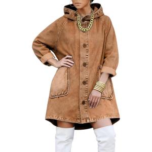 image:imageCHOUYATOU Women Spring Hooded Jean Jacket Loose Casual Boyfriend Button Down Midi Long Denim Jacket CoatBrown
