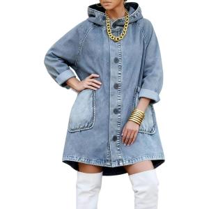 image:imageCHOUYATOU Women Spring Hooded Jean Jacket Loose Casual Boyfriend Button Down Midi Long Denim Jacket CoatLight Blue