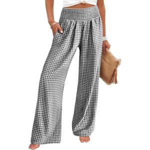image:imageCHOUYATOU Womens Retro Plaid Wide Leg Pants Gingham Smocked High Waisted Dressy Palazzo Pants Trousers with PocketsBlack