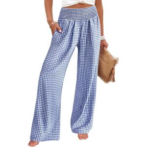 image:imageCHOUYATOU Womens Retro Plaid Wide Leg Pants Gingham Smocked High Waisted Dressy Palazzo Pants Trousers with PocketsBlue
