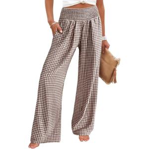 image:imageCHOUYATOU Womens Retro Plaid Wide Leg Pants Gingham Smocked High Waisted Dressy Palazzo Pants Trousers with PocketsBrown