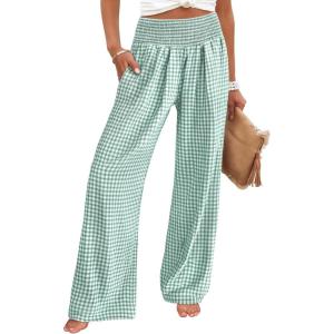 image:imageCHOUYATOU Womens Retro Plaid Wide Leg Pants Gingham Smocked High Waisted Dressy Palazzo Pants Trousers with PocketsGreen