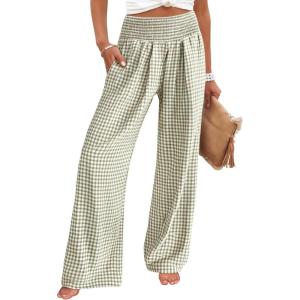 image:imageCHOUYATOU Womens Retro Plaid Wide Leg Pants Gingham Smocked High Waisted Dressy Palazzo Pants Trousers with PocketsLight Green