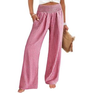 image:imageCHOUYATOU Womens Retro Plaid Wide Leg Pants Gingham Smocked High Waisted Dressy Palazzo Pants Trousers with PocketsRed