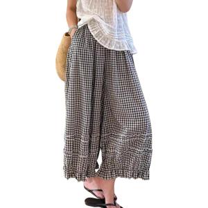 image:imagechouyatou Women 2026 Summer Ruffle Hem Crop Cotton Linen Pants Beach Plaid Gingham Wide Leg Pants PalazzosBlack