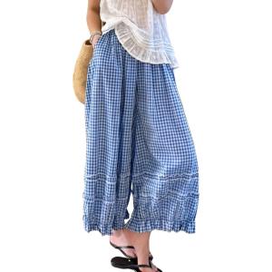 image:imagechouyatou Women 2026 Summer Ruffle Hem Crop Cotton Linen Pants Beach Plaid Gingham Wide Leg Pants PalazzosBlue