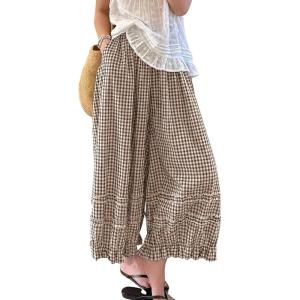 image:imagechouyatou Women 2026 Summer Ruffle Hem Crop Cotton Linen Pants Beach Plaid Gingham Wide Leg Pants PalazzosCoffee