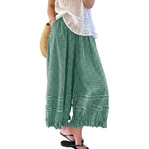 image:imagechouyatou Women 2026 Summer Ruffle Hem Crop Cotton Linen Pants Beach Plaid Gingham Wide Leg Pants PalazzosGreen