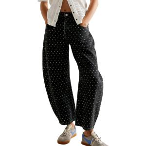 image:imagechouyatou Women Baggy Polka Dot Barrel Jeans Y2K Floral Print Wide Leg Jeans Boyfriend Denim Ankle PantsBlack