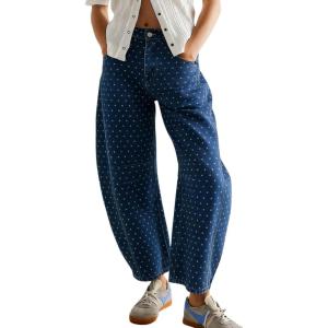 image:imagechouyatou Women Baggy Polka Dot Barrel Jeans Y2K Floral Print Wide Leg Jeans Boyfriend Denim Ankle PantsBlue
