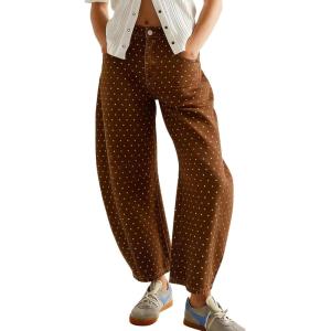 image:imagechouyatou Women Baggy Polka Dot Barrel Jeans Y2K Floral Print Wide Leg Jeans Boyfriend Denim Ankle PantsBrown
