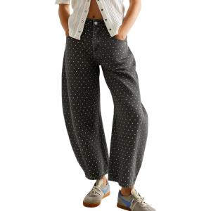 image:imagechouyatou Women Baggy Polka Dot Barrel Jeans Y2K Floral Print Wide Leg Jeans Boyfriend Denim Ankle PantsGrey