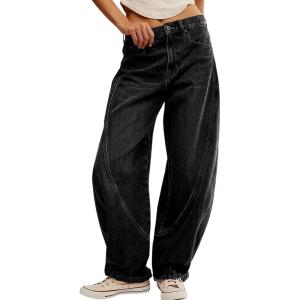 image:imagechouyatou Women Baggy Wide Leg Barrel Jeans Y2K Boyfriend Mid Rise Polka Dot Printed Denim Palazzo PantsBlack
