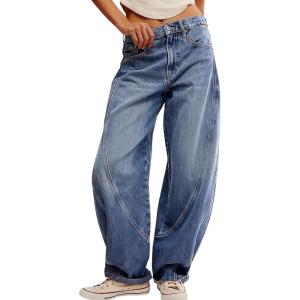image:imagechouyatou Women Baggy Wide Leg Barrel Jeans Y2K Boyfriend Mid Rise Polka Dot Printed Denim Palazzo PantsBlue