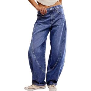 image:imagechouyatou Women Baggy Wide Leg Barrel Jeans Y2K Boyfriend Mid Rise Polka Dot Printed Denim Palazzo PantsDark Blue