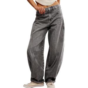 image:imagechouyatou Women Baggy Wide Leg Barrel Jeans Y2K Boyfriend Mid Rise Polka Dot Printed Denim Palazzo PantsGrey
