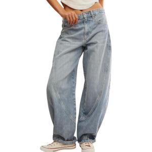 image:imagechouyatou Women Baggy Wide Leg Barrel Jeans Y2K Boyfriend Mid Rise Polka Dot Printed Denim Palazzo PantsLight Blue