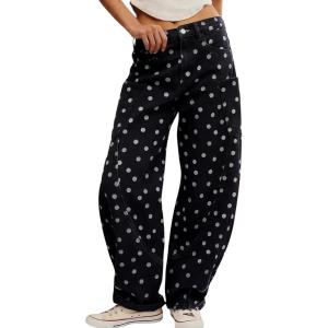 image:imagechouyatou Women Baggy Wide Leg Barrel Jeans Y2K Boyfriend Mid Rise Polka Dot Printed Denim Palazzo PantsPolka Dot Black