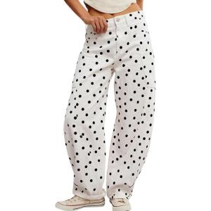 image:imagechouyatou Women Baggy Wide Leg Barrel Jeans Y2K Boyfriend Mid Rise Polka Dot Printed Denim Palazzo PantsPolka Dot White