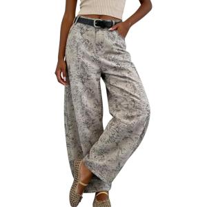 image:imagechouyatou Women Casual Floral Printed Baggy Barrel Jeans Y2K Crop Wide Leg Jeans Boyfriend Denim Ankle PantsBeige