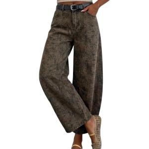 image:imagechouyatou Women Casual Floral Printed Baggy Barrel Jeans Y2K Crop Wide Leg Jeans Boyfriend Denim Ankle PantsBrown