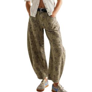 image:imagechouyatou Women Casual Floral Printed Baggy Barrel Jeans Y2K Crop Wide Leg Jeans Boyfriend Denim Ankle PantsKhaki