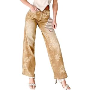 image:imagechouyatou Women Distressed Y2K Floral Print Jeans Casual Straight Leg High Waisted Trousers Denim PantsKhaki