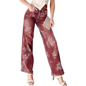 image:imagechouyatou Women Distressed Y2K Floral Print Jeans Casual Straight Leg High Waisted Trousers Denim PantsRed