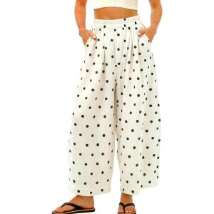 image:imagechouyatou Women Summer Boho Cotton Linen Polka Dot Pants Beach Elastic Waist Palazzo Wide Leg Barrel PantsBeige Black