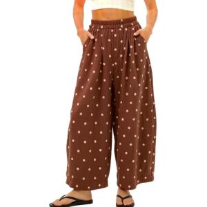 image:imagechouyatou Women Summer Boho Cotton Linen Polka Dot Pants Beach Elastic Waist Palazzo Wide Leg Barrel PantsBrown