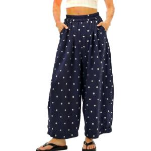 image:imagechouyatou Women Summer Boho Cotton Linen Polka Dot Pants Beach Elastic Waist Palazzo Wide Leg Barrel PantsNavy Blue