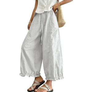 image:imagechouyatou Women Summer Ruffle Hem Cotton Linen Pants Cute Elastic Waist Crop Casual Wide Leg Palazzo PantsLight Grey