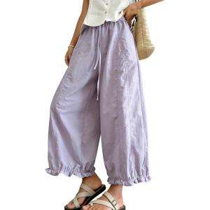 image:imagechouyatou Women Summer Ruffle Hem Cotton Linen Pants Cute Elastic Waist Crop Casual Wide Leg Palazzo PantsPurple