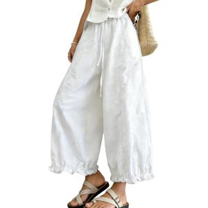 image:imagechouyatou Women Summer Ruffle Hem Cotton Linen Pants Cute Elastic Waist Crop Casual Wide Leg Palazzo PantsWhite