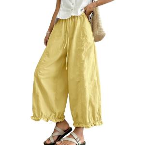 image:imagechouyatou Women Summer Ruffle Hem Cotton Linen Pants Cute Elastic Waist Crop Casual Wide Leg Palazzo PantsYellow