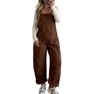image:imagechouyatou Women Y2K Polka Dot Denim Bib Overalls Wide Leg Boyfriend Baggy Barrel Jeans Overalls JumpsuitsBrown