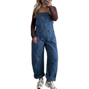 image:imagechouyatou Women Y2K Polka Dot Denim Bib Overalls Wide Leg Boyfriend Baggy Barrel Jeans Overalls JumpsuitsDark Blue