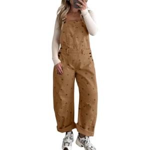 image:imagechouyatou Women Y2K Polka Dot Denim Bib Overalls Wide Leg Boyfriend Baggy Barrel Jeans Overalls JumpsuitsKhaki