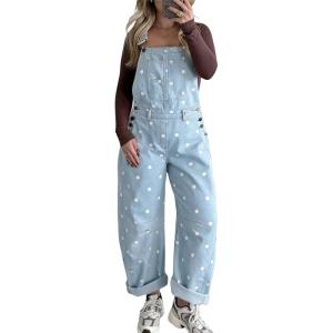 image:imagechouyatou Women Y2K Polka Dot Denim Bib Overalls Wide Leg Boyfriend Baggy Barrel Jeans Overalls JumpsuitsLight Blue