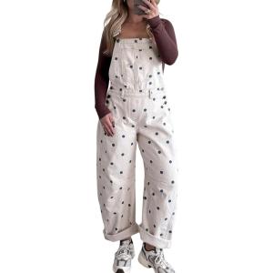 image:imagechouyatou Women Y2K Polka Dot Denim Bib Overalls Wide Leg Boyfriend Baggy Barrel Jeans Overalls JumpsuitsWhite Blue