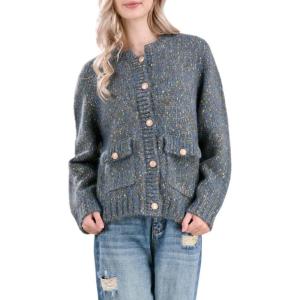 image:imagechouyatou Womens 2024 Fashion Button Down Casual Dressy Cardigan Sweater Knit Tweed Blazer JacketGreen