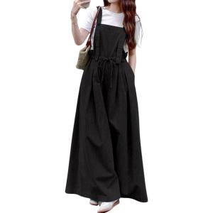 image:imagechouyatou Womens Baggy Adjustable Strap Denim Bib Overall Jeans Boyfriend Wide Leg Drawstring Denim Pant JumpsuitsBlack