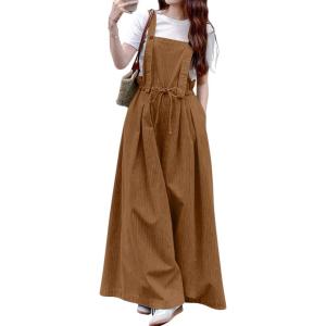 image:imagechouyatou Womens Baggy Adjustable Strap Denim Bib Overall Jeans Boyfriend Wide Leg Drawstring Denim Pant JumpsuitsBrown