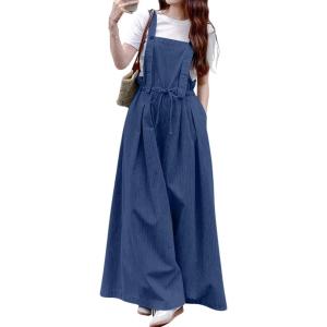 image:imagechouyatou Womens Baggy Adjustable Strap Denim Bib Overall Jeans Boyfriend Wide Leg Drawstring Denim Pant JumpsuitsDark Blue