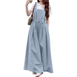 image:imagechouyatou Womens Baggy Adjustable Strap Denim Bib Overall Jeans Boyfriend Wide Leg Drawstring Denim Pant JumpsuitsLight Blue