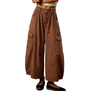 image:imagechouyatou Womens Baggy Wide Leg Jeans Polka Dot Printed Denim Palazzo Pants Crop Y2K Boyfriend JeansBrown