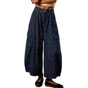 image:imagechouyatou Womens Baggy Wide Leg Jeans Polka Dot Printed Denim Palazzo Pants Crop Y2K Boyfriend JeansDark Blue