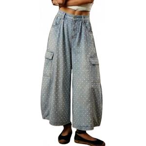 image:imagechouyatou Womens Baggy Wide Leg Jeans Polka Dot Printed Denim Palazzo Pants Crop Y2K Boyfriend JeansLight Blue