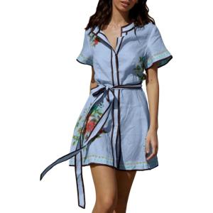 image:imagechouyatou Womens Boho Floral Button Down Belted Shirt Mini Dress Short Sleeve Cotton Tunic Beach Dress with PocketsBlue